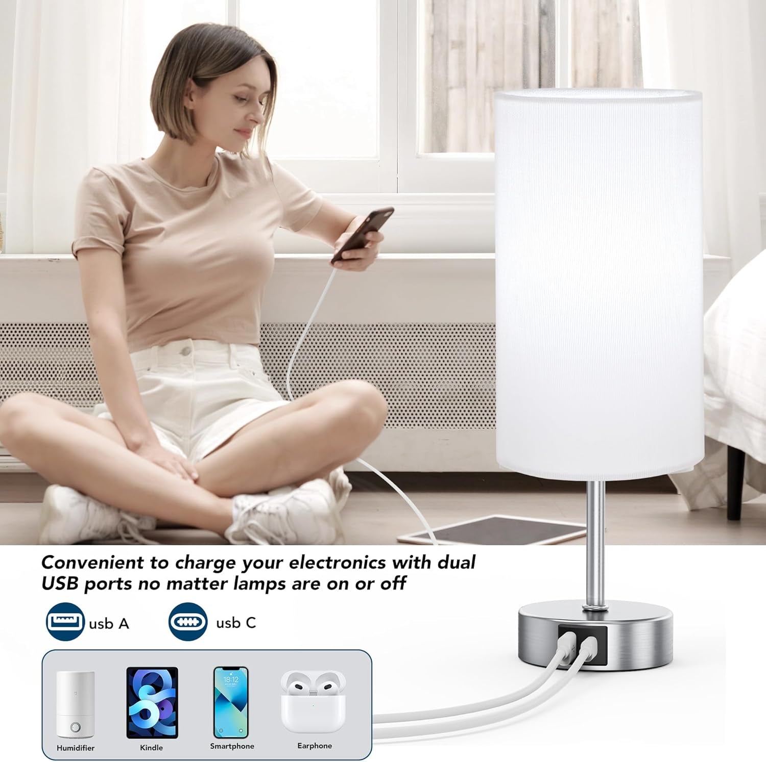 12.8" Touch Control Table Lamp, 3-Way Dimmable Small Bedside Nightstand Lamp with 2 USB Ports, Modern Table Lamps with 6500K Daylight LED Bulb for Bedroom Living Room