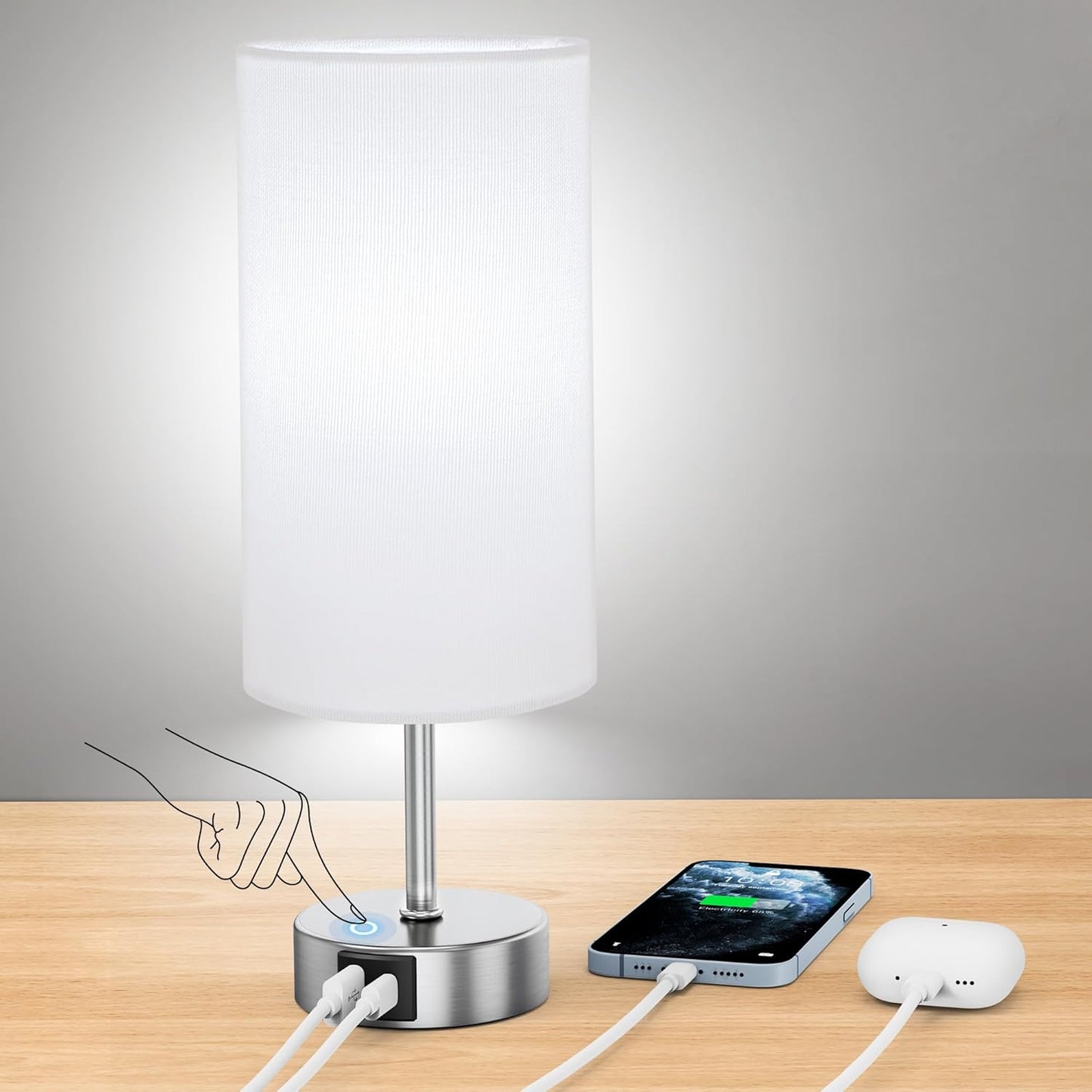 12.8" Touch Control Table Lamp, 3-Way Dimmable Small Bedside Nightstand Lamp with 2 USB Ports, Modern Table Lamps with 6500K Daylight LED Bulb for Bedroom Living Room